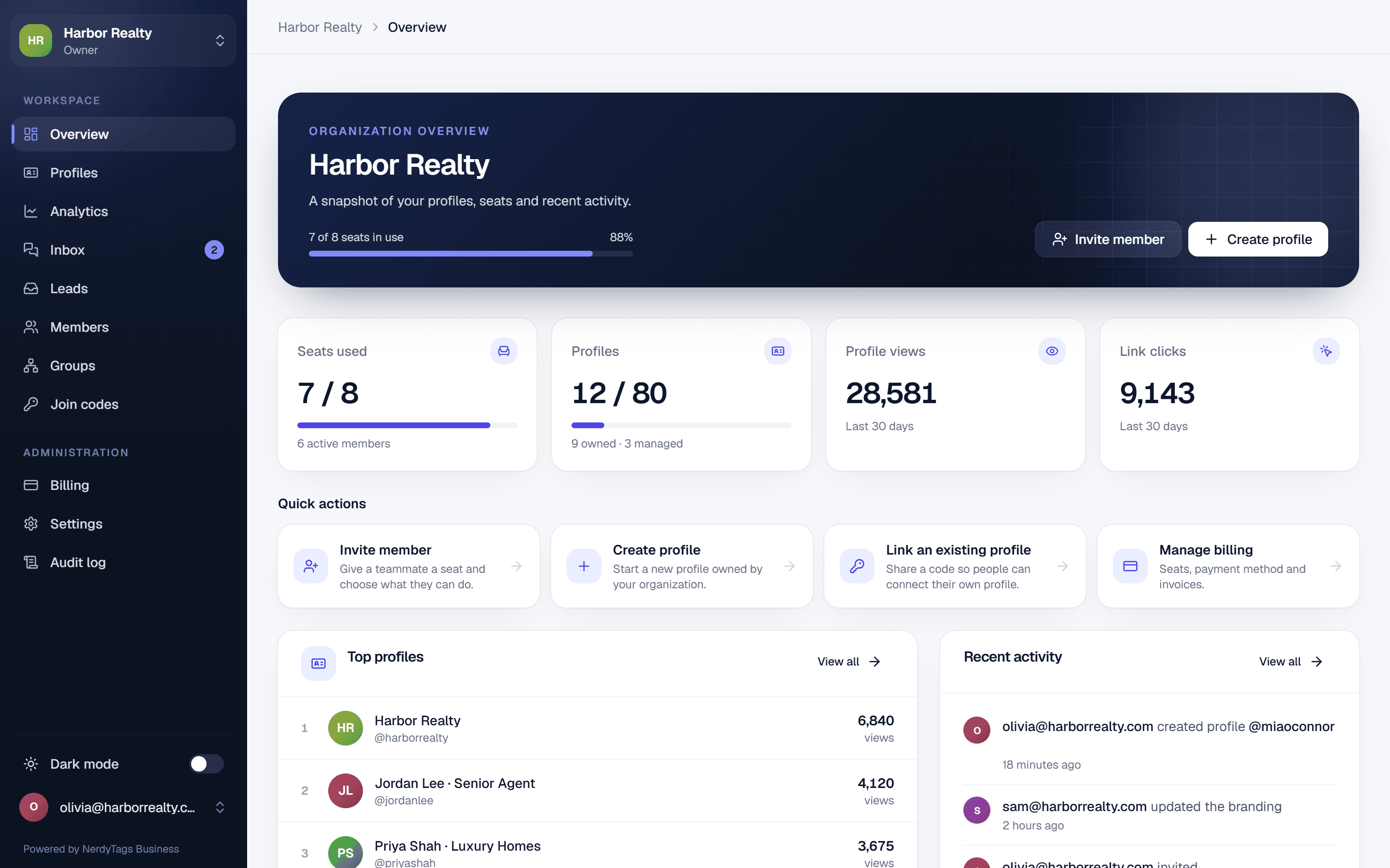 The NerdyTags Business workspace overview with seats, profiles, views and recent team activity